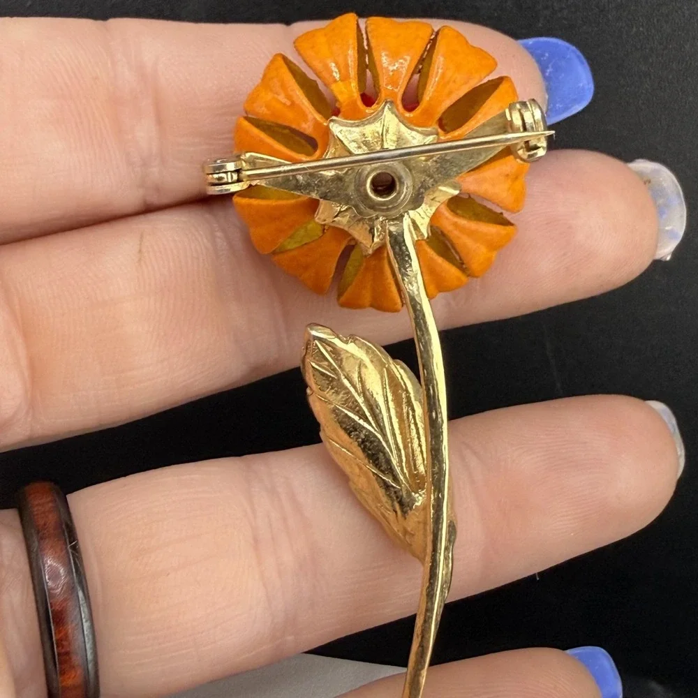 Vintage Enamel Flower Brooch‎ Orange MCM Mod 2